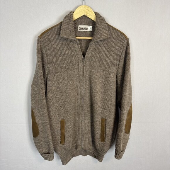 Vintage Tundra Wool Zip-Up Cardigan Jacket Men’s LT Canada Suede Elbow Patches - Picture 1 of 8